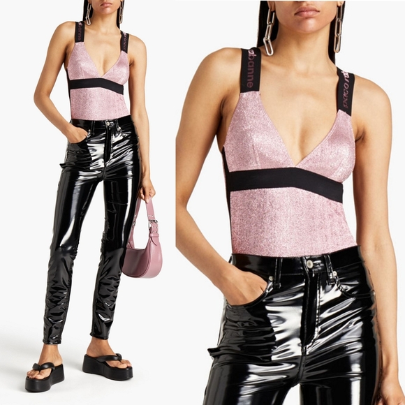 Paco Rabanne Metallic Stretch lame Bodysuit In Baby Pink - Picture 1 of 9